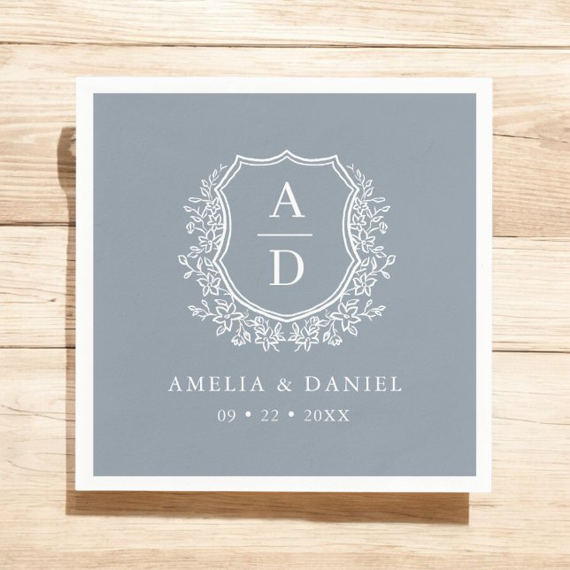 Serviette En Papier Monogramme Mariage Floral Dusty Blue Crest (Créateur téléchargé)