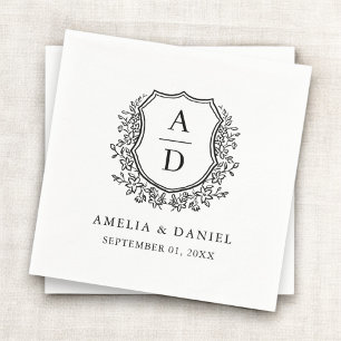 Serviette En Papier Monogramme Mariage Floral Noir Blanc