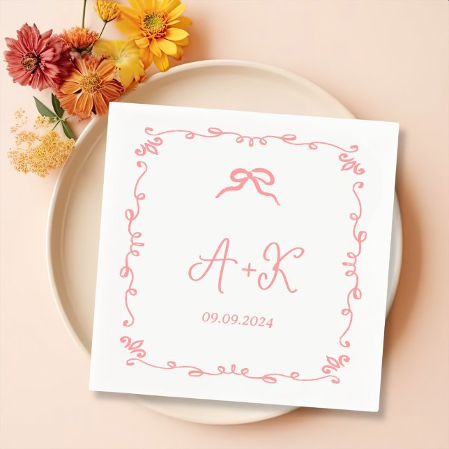 Serviette En Papier Monogramme Mariage rose français tiré à la main (Créateur téléchargé)
