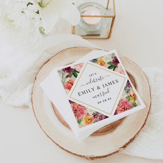 Serviette En Papier Monogramme Mariage Rustique Floral Diamant Bourgog (Créateur téléchargé)