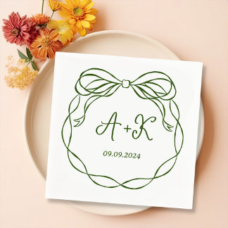 Serviette En Papier Monogramme Mariage vert français tiré à la main
