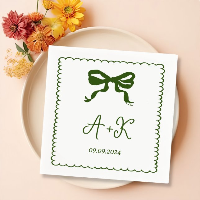 Serviette En Papier Monogramme Mariage vert français tiré à la main (Créateur téléchargé)