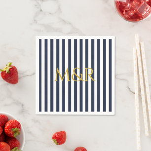 Serviette En Papier Monogramme Marine Bleu Stripes Mariage rayé