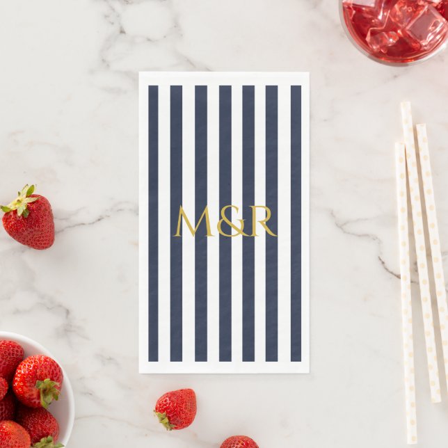 Serviette En Papier Monogramme Marine Bleu Stripes Mariage rayé (En situation)