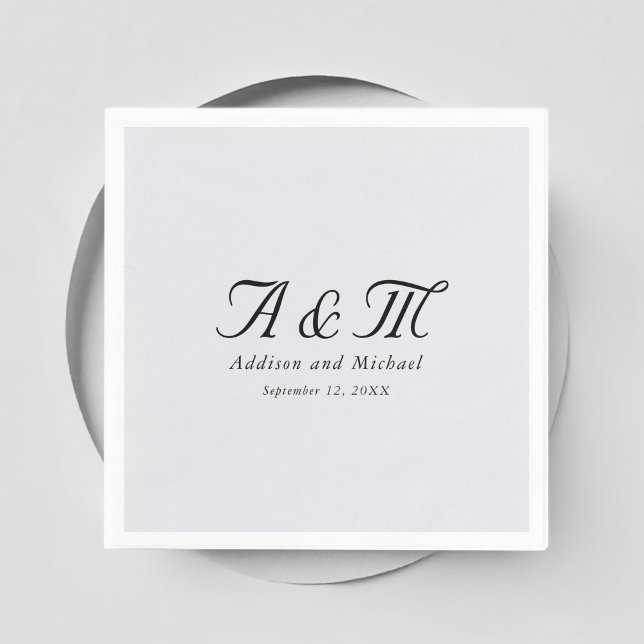 Serviette En Papier Monogramme, Minimal, Élégant, Gris, Mariage (Monogram, Minimal, Elegant, Grey, Wedding Napkins with your names and date.)