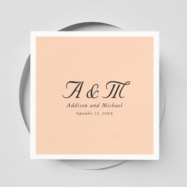 Serviette En Papier Monogramme, Minimal, Élégant, Pêche, Mariage (Monogram, Minimal, Elegant, Peach, Wedding Napkins with your names and date.)