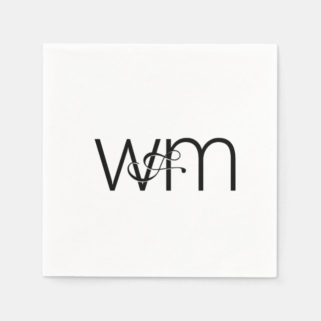 Serviette En Papier Monogramme minimaliste moderne Mariage noir et bla (Devant)