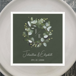 Serviette En Papier Monogramme moderne Eucalyptus Wreath Dark Green