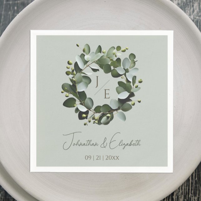 Serviette En Papier Monogramme moderne Eucalyptus Wreath Sage Vert (Sage Green Modern Monogram Eucalyptus Wreath Wedding Napkin)