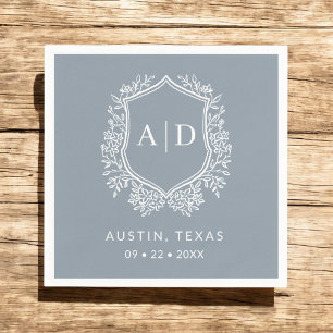 Serviette En Papier Monogramme moderne Mariage Dusty Blue Crest