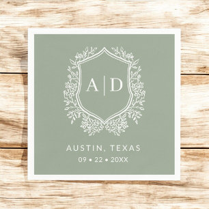 Serviette En Papier Monogramme moderne Mariage Sage Green Crest