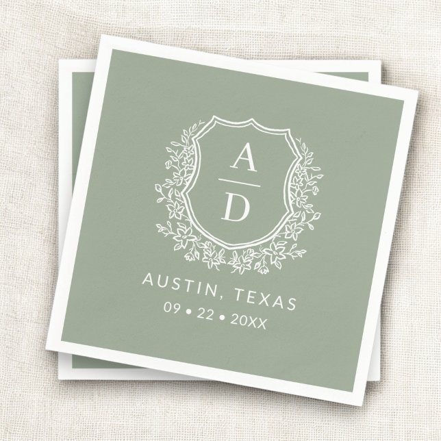 Serviette En Papier Monogramme moderne Mariage Sage Green Crest (Créateur téléchargé)