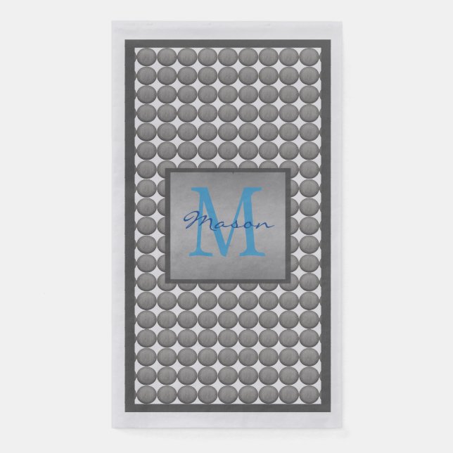 Serviette En Papier Monogramme Motif de points Polka bleu et gris (Devant)