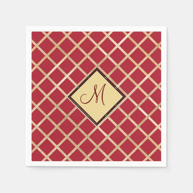 Serviette En Papier Monogramme Motif géométrique Diamant Or Rouge (Devant)