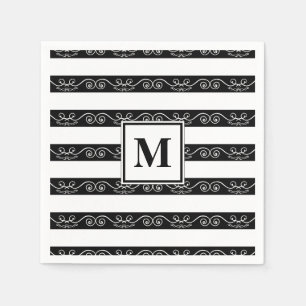 Serviette En Papier Monogramme Noir Blanc rayé