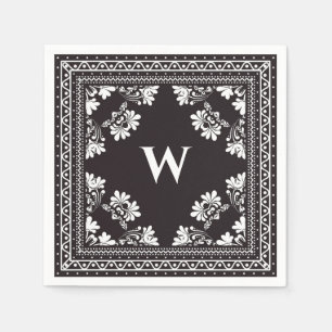 Serviette En Papier monogramme noir et blanc bandanna motif