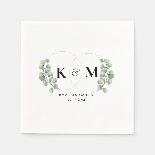 Serviette En Papier monogramme noir et blanc eucalyptus mariage (Devant)