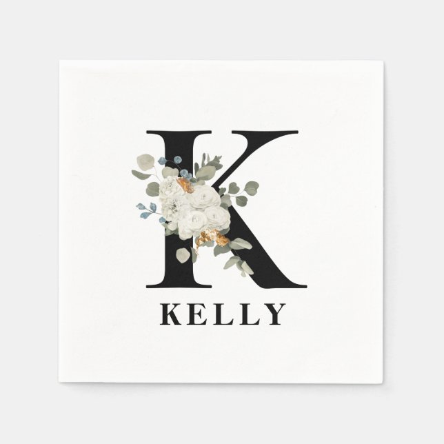 Serviette En Papier Monogramme noir floral blanc K (Devant)