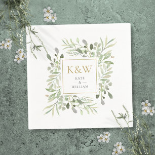 Serviette En Papier Monogramme or Mariage d'aquarelle verte