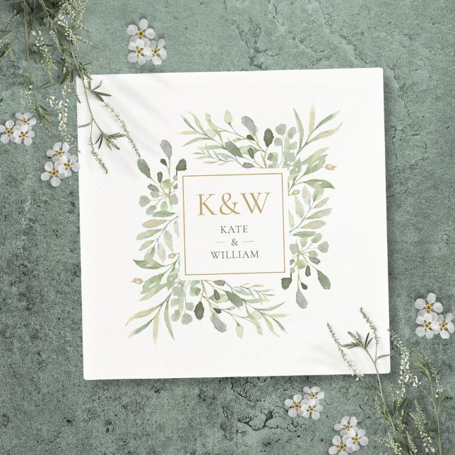 Serviette En Papier Monogramme or Mariage d'aquarelle verte (Gold Monogram Greenery Watercolor Wedding Napkins)