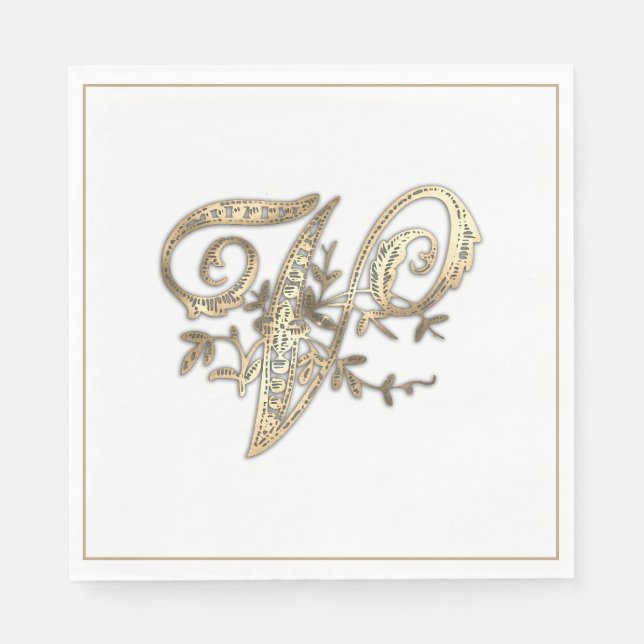 Serviette En Papier Monogramme or orné vintage V (Devant)