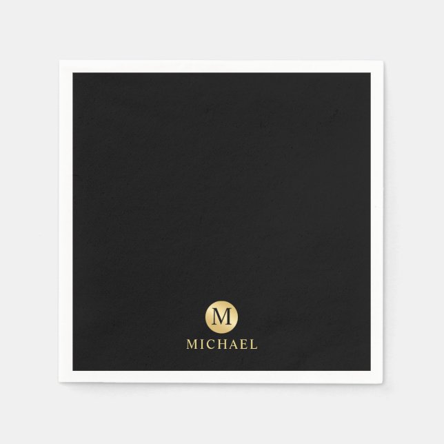 Serviette En Papier Monogramme personnalisé de luxe noir et or (Devant)