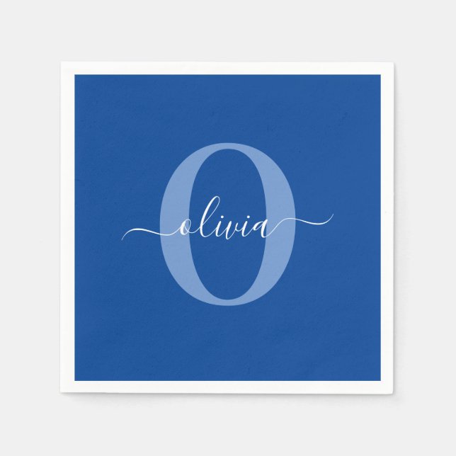 Serviette En Papier Monogramme personnalisé Nom du script Bleu Blanc (Devant)