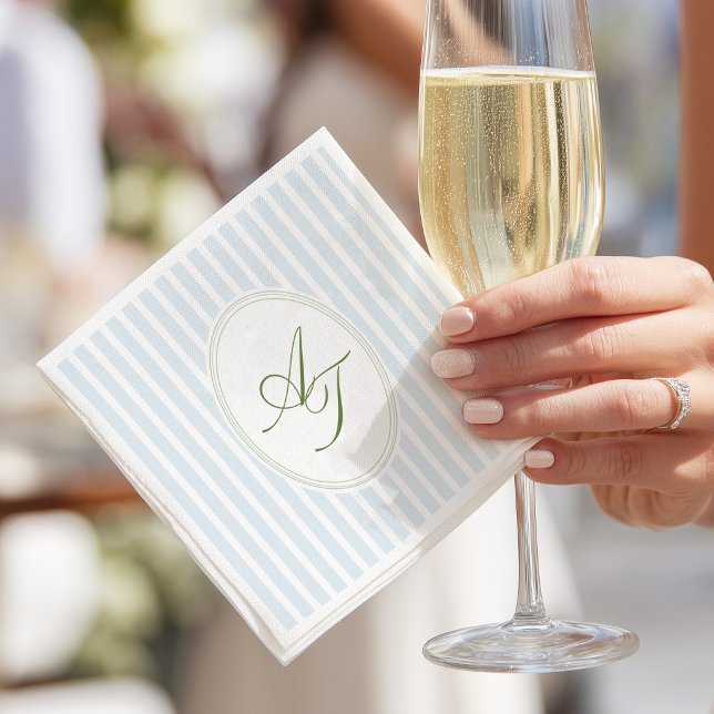 Serviette En Papier Monogramme Rayures Bleues Élégantes  (Créateur téléchargé)