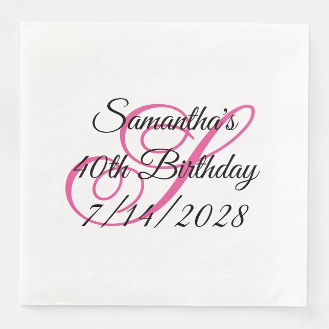 Serviette En Papier Monogramme rose fantaisie 40e anniversaire (Devant)