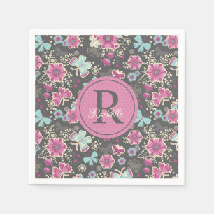 Serviette En Papier Monogramme rose Floral Motif d'anniversaire