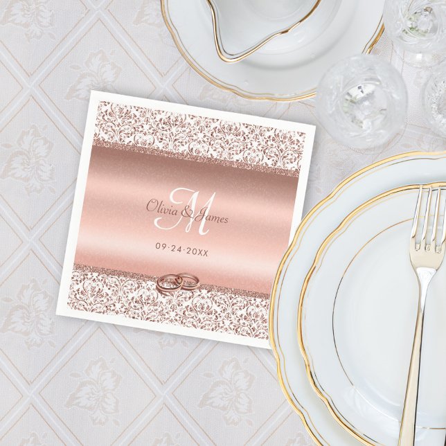 Serviette En Papier Monogramme rose Gold Mariage damassé (Créateur téléchargé)
