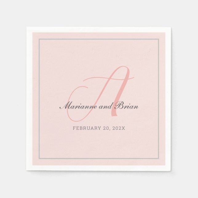Serviette En Papier Monogramme Rose rose, bleu et gris de colombe (Devant)