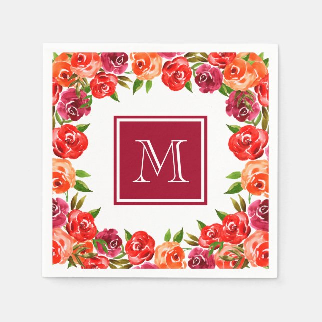 Serviette En Papier Monogramme Rose Rouge Orange Fleurs (Devant)
