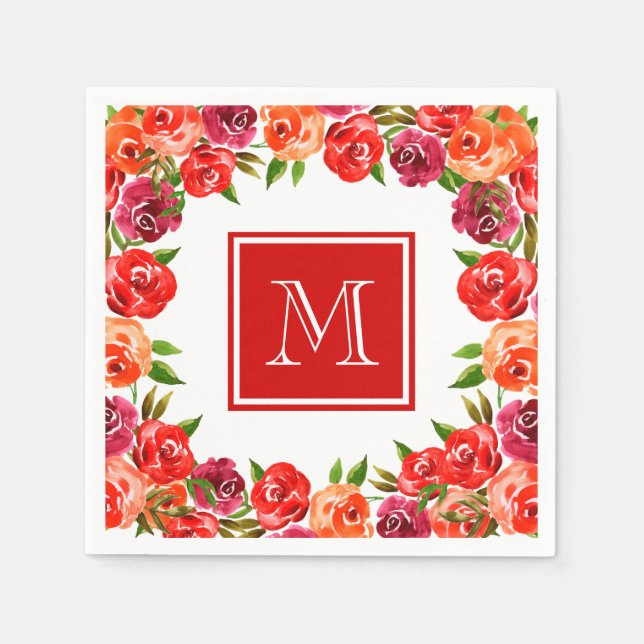 Serviette En Papier Monogramme Rose Rouge Orange Fleurs (Devant)