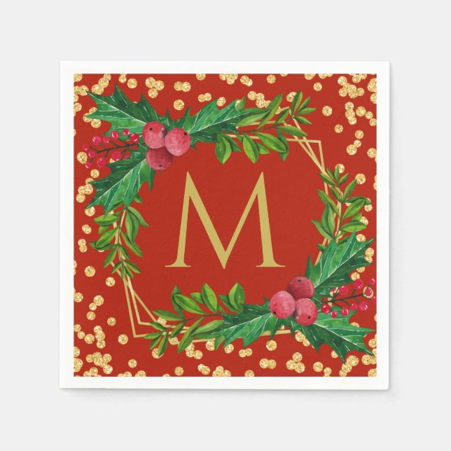 Serviette En Papier Monogramme rouge or Joyeux Noël Holly Parties scin (Devant)