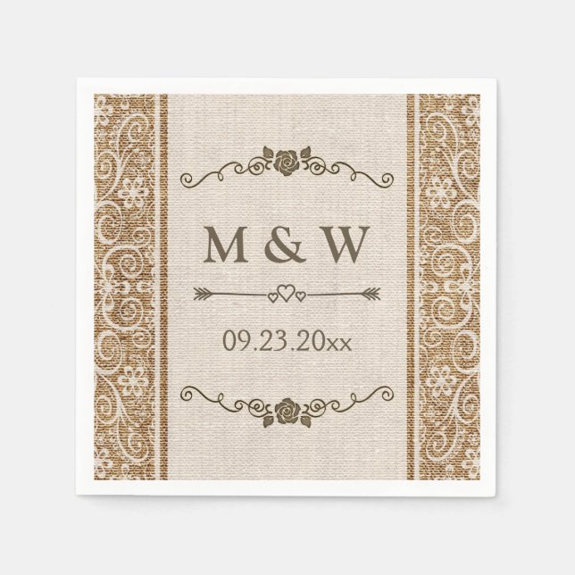 Serviette En Papier Monogramme Rustique Mariage de dentelle Burlap (Devant)
