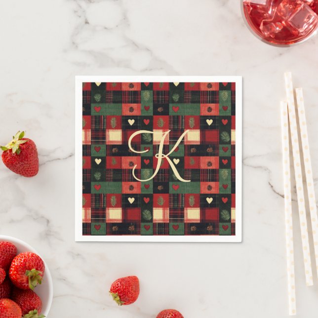 Serviette En Papier Monogramme Rustique Pays Rouge Vert Coeurs Plaid (En situation)