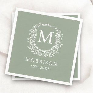 Serviette En Papier Monogramme Sage Green Crest Mariage botanique