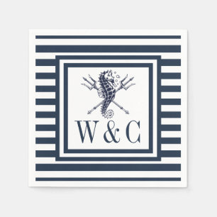 Serviette En Papier Monogramme Seahorse Marine Bleue Bleu