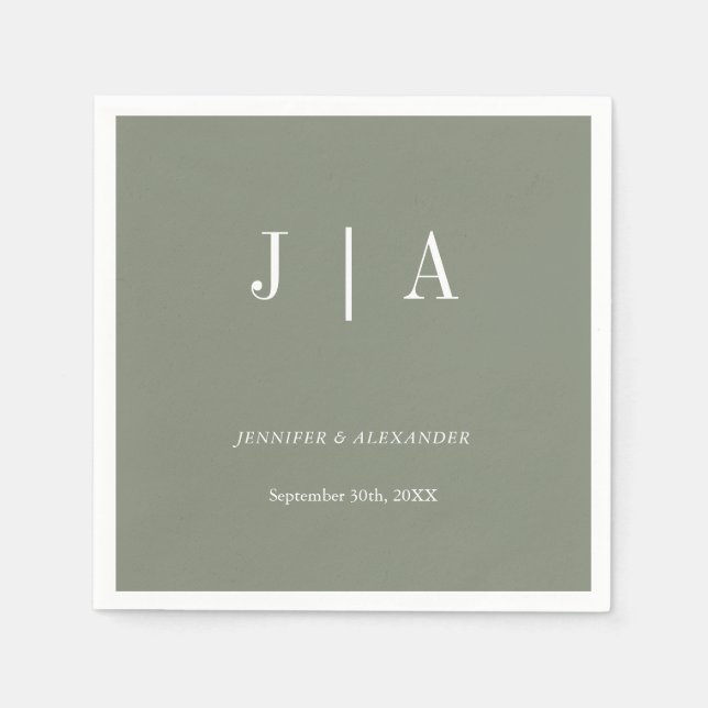 Serviette En Papier Monogramme Simple Moderne Mariage Vert Sauge Blanc (Devant)