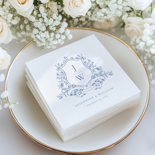Serviette En Papier Monogramme traditionnel Crest Bleu Mariage élégant (Créateur téléchargé)