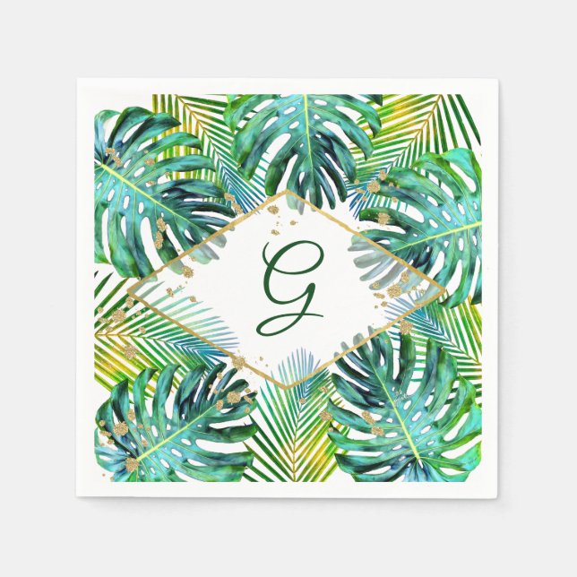 Serviette En Papier Monogramme Tropical Palm Leaf Typographie tendance (Devant)