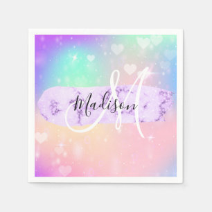 Serviette En Papier Monogramme Unicorn couleur Girly Rainbow Hearts