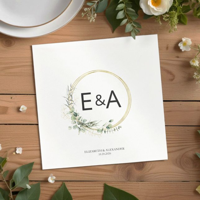 Serviette En Papier Monogramme Verdure Wreaths Eucalyptus Mariage (Créateur téléchargé)