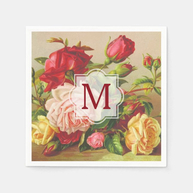 Serviette En Papier Monogramme Vintage Rose Bouquet Fleurs (Devant)