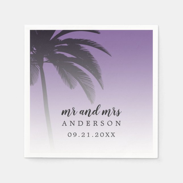 Serviette En Papier Monogramme Violet Tropical Palm Tree Beach Mariage (Devant)