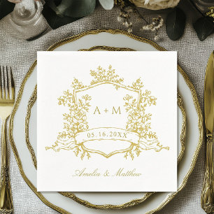 Serviette En Papier Monogrammes de crête Florale d'or classique Mariag