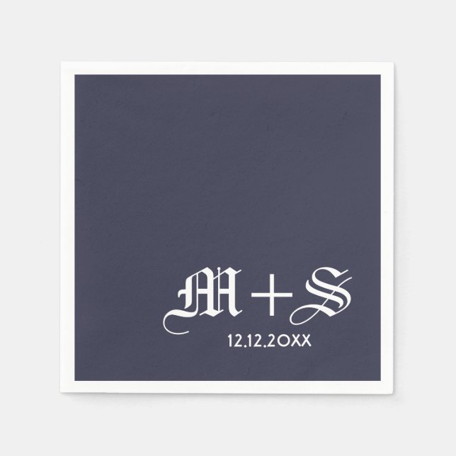 Serviette En Papier Monogrammes de mariage simples et élégants bleu (Devant)