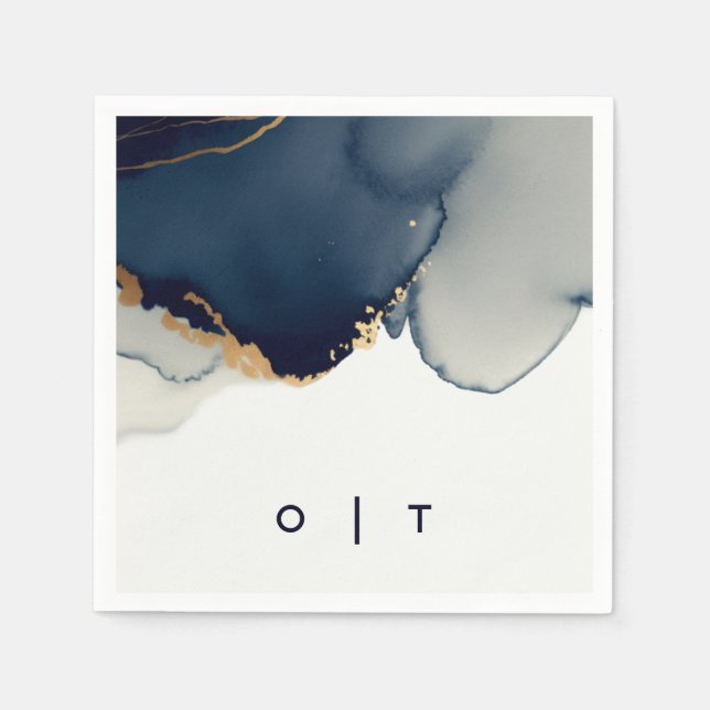 Serviette En Papier Monogrammes d'or bleu marine moderne Mariage de pl (Devant)