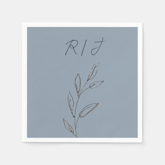 Serviette En Papier Monogrammes Feuilles noir blanc Dusty Mariage bleu (Devant)